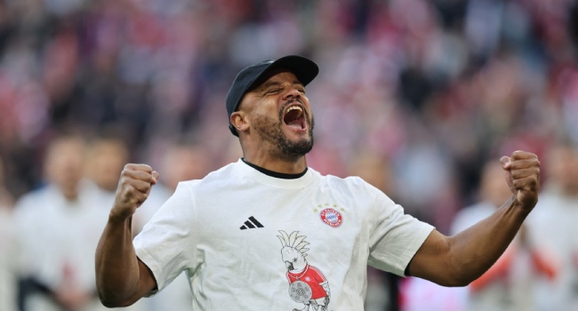 Bayern Munich’s Belgian head coach Vincent Kompany celebrates after the German first division Bundesliga football match between FC Bayern Munich and VfB Stuttgart in Munich, southern Germany, on April 19, 2026. Photo by ALEXANDRA BEIER / AFP